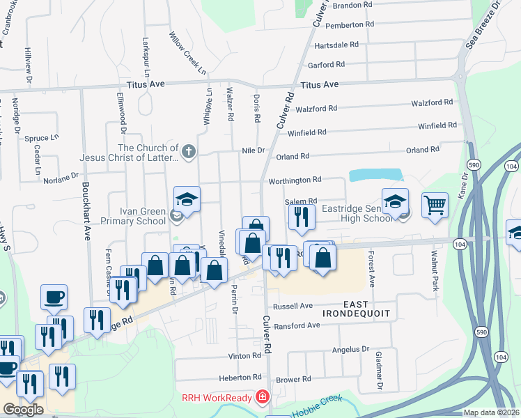 map of restaurants, bars, coffee shops, grocery stores, and more near 3150 County Road 120 in Rochester