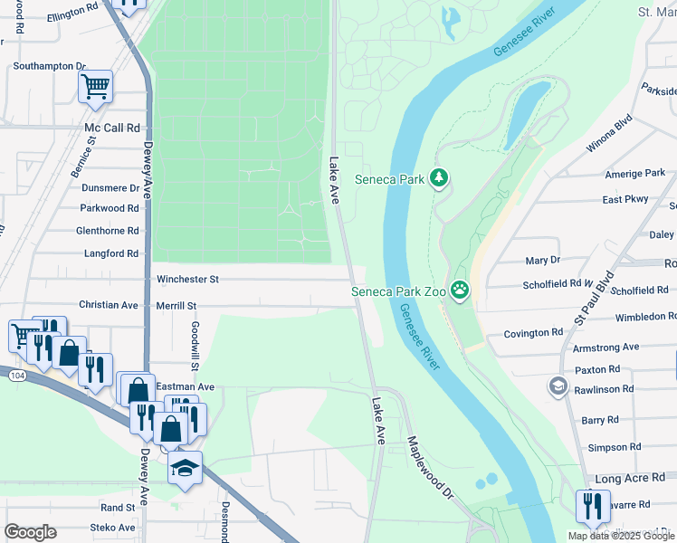 map of restaurants, bars, coffee shops, grocery stores, and more near 2107 Lake Avenue in Rochester