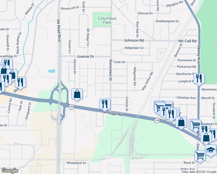 map of restaurants, bars, coffee shops, grocery stores, and more near 127 Bonesteel Street in Rochester