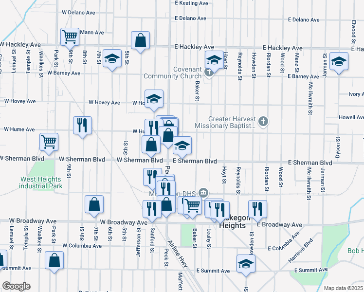 map of restaurants, bars, coffee shops, grocery stores, and more near 2520 Peck Street in Muskegon Heights