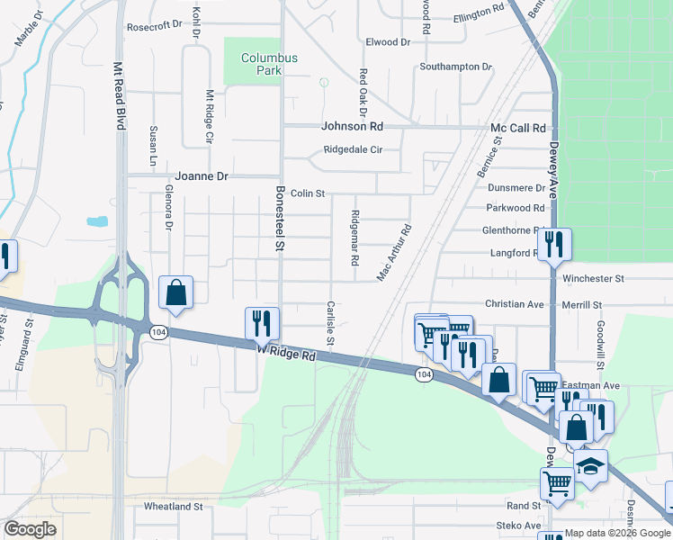 map of restaurants, bars, coffee shops, grocery stores, and more near 142 Carlisle Street in Rochester