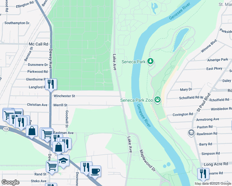 map of restaurants, bars, coffee shops, grocery stores, and more near 2107 Lake Avenue in Rochester