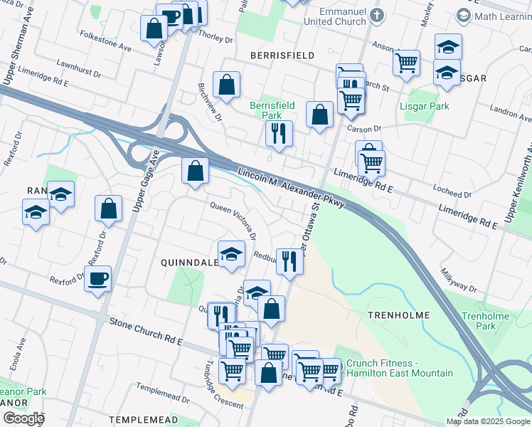 map of restaurants, bars, coffee shops, grocery stores, and more near 33 Queenslea Drive in Hamilton