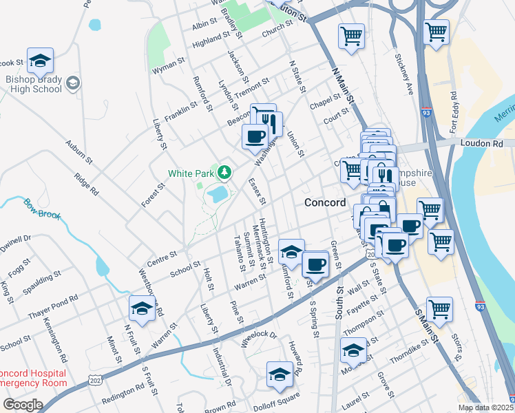 map of restaurants, bars, coffee shops, grocery stores, and more near 70 Centre St in Concord