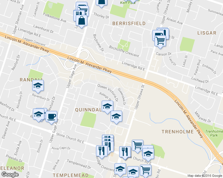 map of restaurants, bars, coffee shops, grocery stores, and more near 249 Queen Victoria Drive in Hamilton