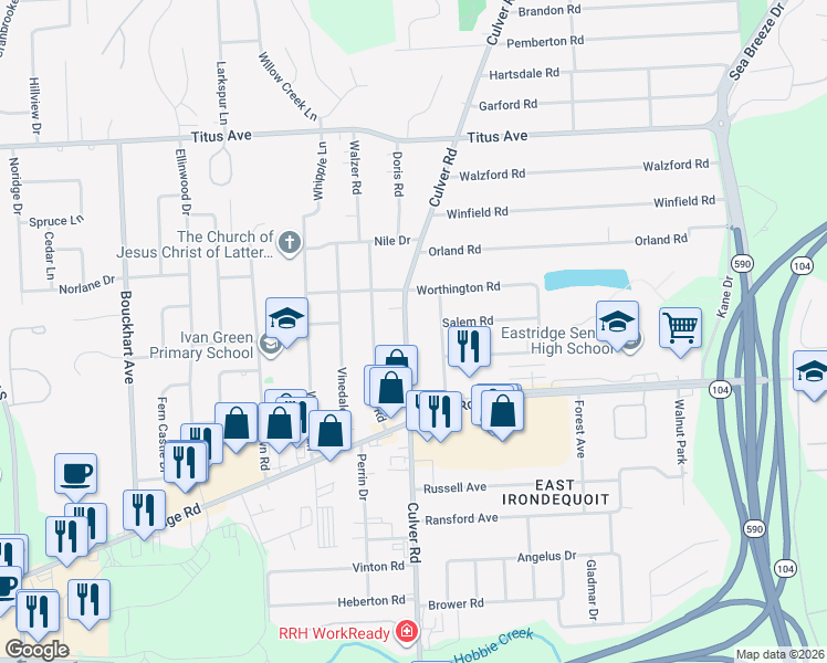map of restaurants, bars, coffee shops, grocery stores, and more near 3150 County Road 120 in Rochester