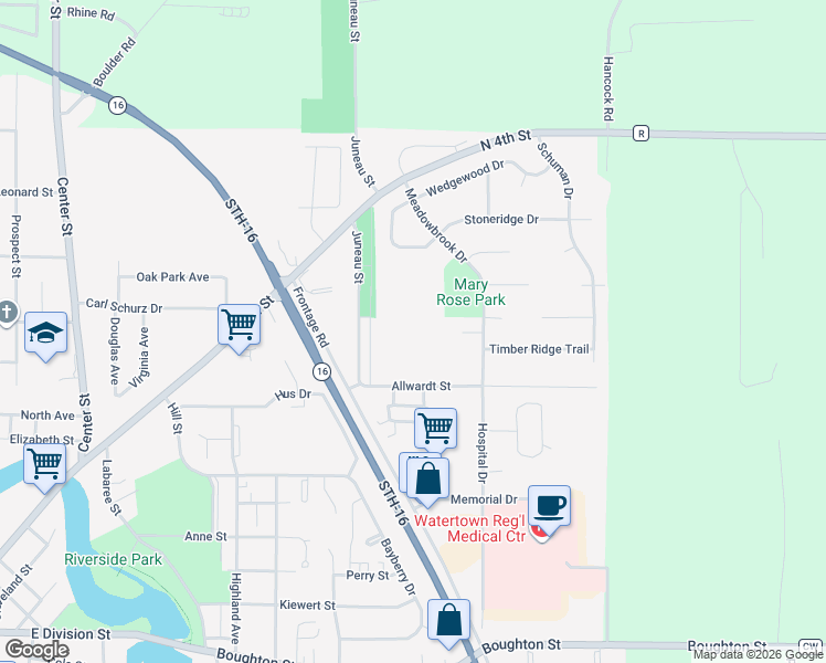 map of restaurants, bars, coffee shops, grocery stores, and more near 1310 Allwardt Street in Watertown