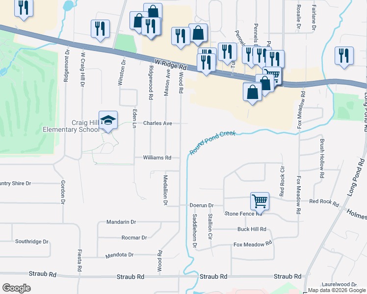 map of restaurants, bars, coffee shops, grocery stores, and more near 248 Wood Road in Rochester
