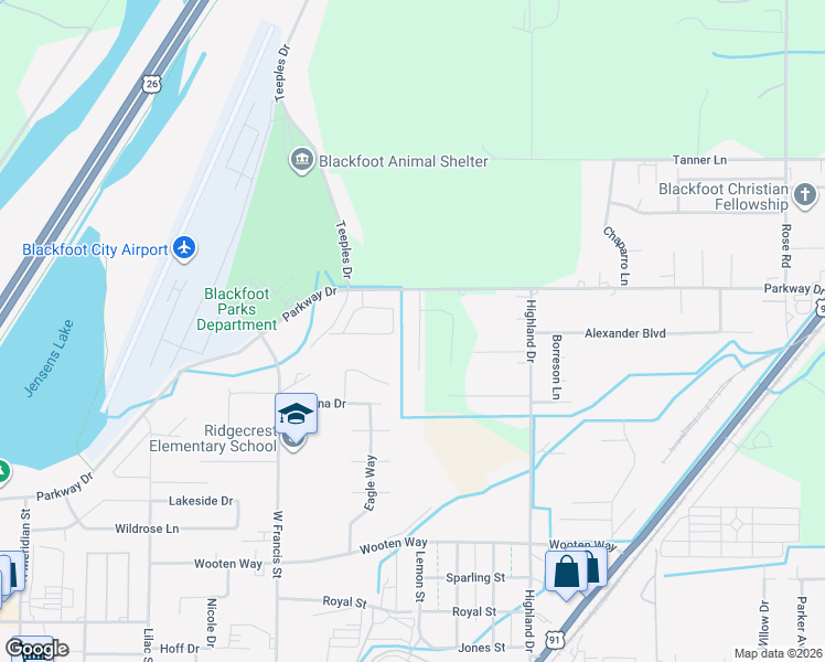 map of restaurants, bars, coffee shops, grocery stores, and more near 513 Gwen Loop in Blackfoot