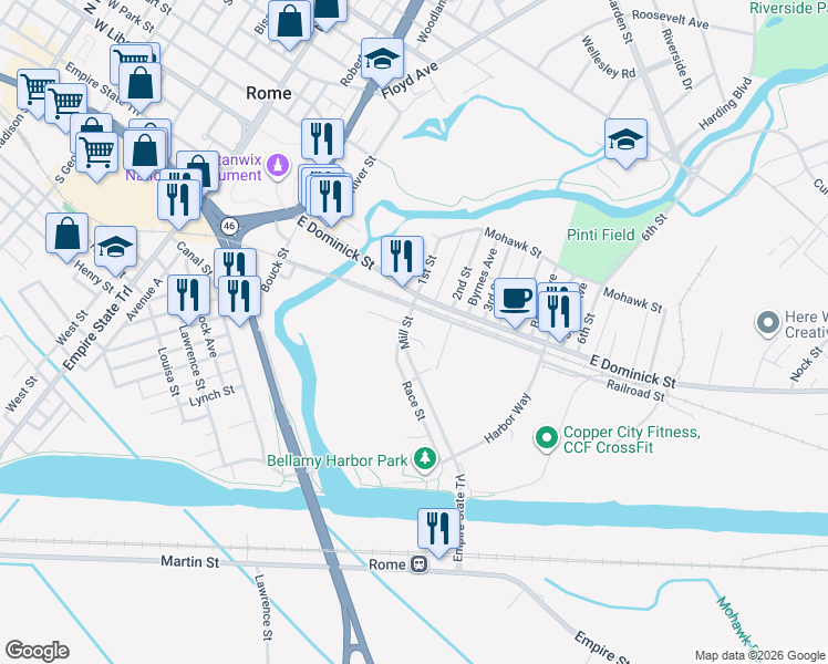 map of restaurants, bars, coffee shops, grocery stores, and more near 117 Mill Street in Rome