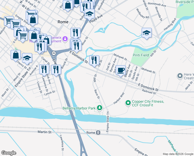 map of restaurants, bars, coffee shops, grocery stores, and more near 117 Mill Street in Rome