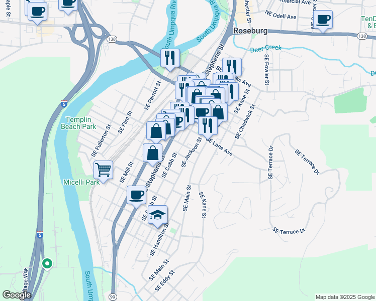 map of restaurants, bars, coffee shops, grocery stores, and more near 849 Southeast Mosher Avenue in Roseburg