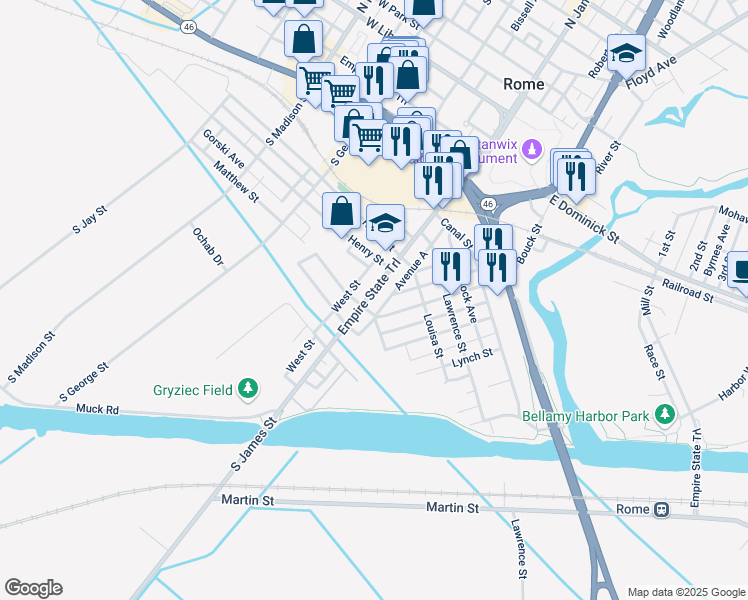 map of restaurants, bars, coffee shops, grocery stores, and more near 437 South James Street in Rome