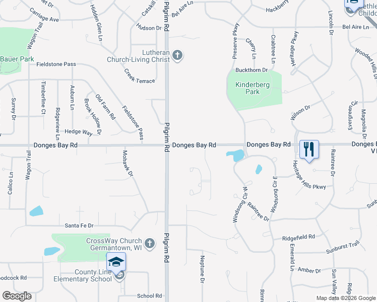 map of restaurants, bars, coffee shops, grocery stores, and more near N104W15447 Donges Bay Road in Germantown