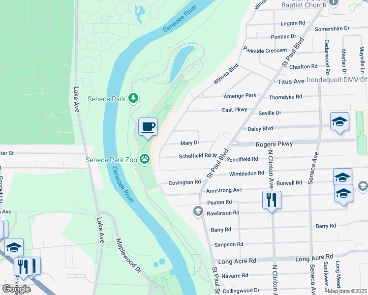 map of restaurants, bars, coffee shops, grocery stores, and more near 59 Mary Dr in Rochester