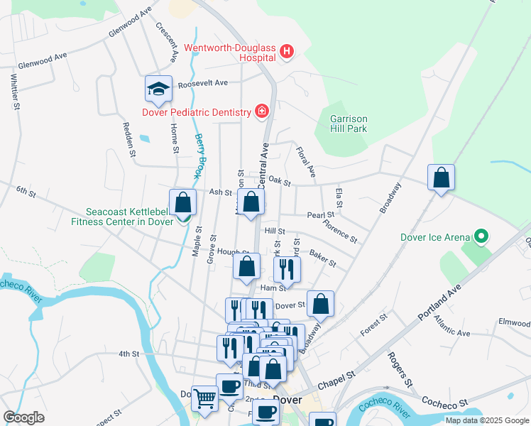 map of restaurants, bars, coffee shops, grocery stores, and more near 661 Central Avenue in Dover