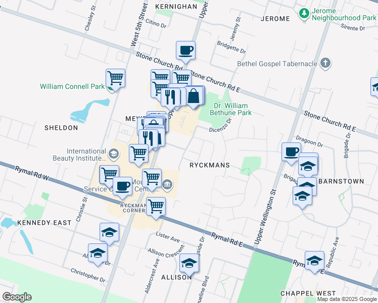 map of restaurants, bars, coffee shops, grocery stores, and more near 30 Mia Drive in Hamilton