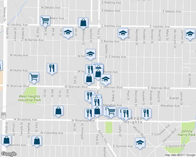 map of restaurants, bars, coffee shops, grocery stores, and more near 2520 Peck Street in Muskegon Heights