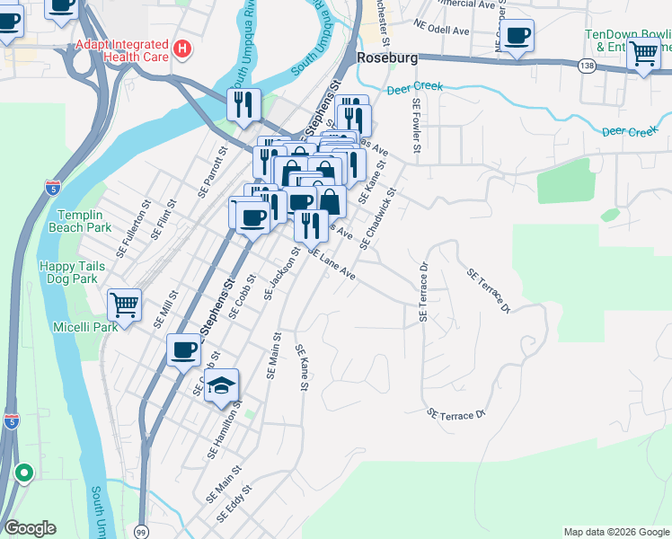 map of restaurants, bars, coffee shops, grocery stores, and more near 1149 Southeast Lane Avenue in Roseburg