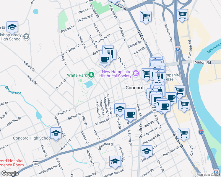 map of restaurants, bars, coffee shops, grocery stores, and more near 70 Centre Street in Concord
