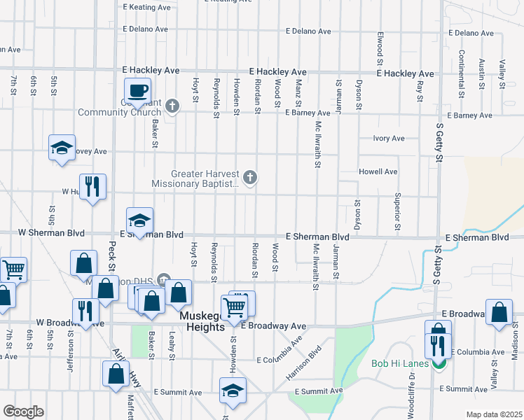 map of restaurants, bars, coffee shops, grocery stores, and more near 2521 Wood Street in Muskegon Heights