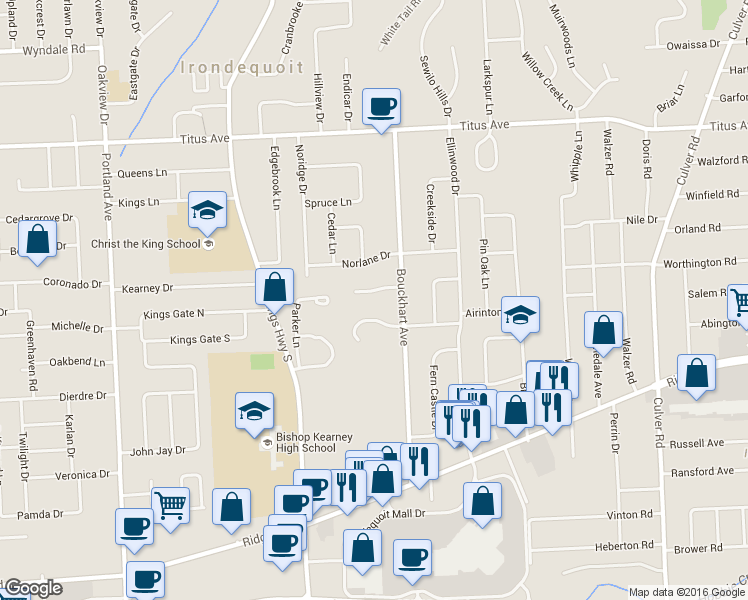 map of restaurants, bars, coffee shops, grocery stores, and more near 9 Galwood Dr in Rochester