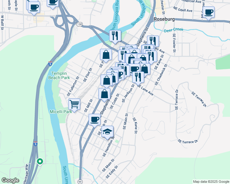 map of restaurants, bars, coffee shops, grocery stores, and more near 941 Southeast Stephens Street in Roseburg