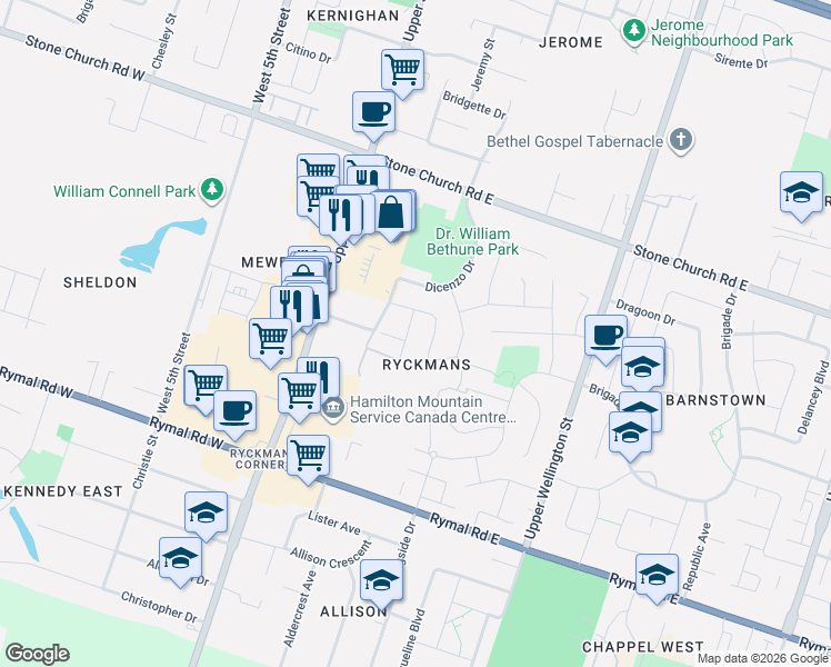 map of restaurants, bars, coffee shops, grocery stores, and more near 1451 Upper James Street in Hamilton