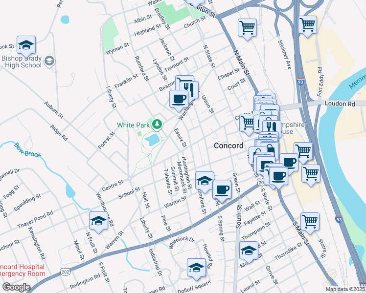 map of restaurants, bars, coffee shops, grocery stores, and more near 70 Centre Street in Concord