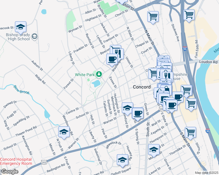 map of restaurants, bars, coffee shops, grocery stores, and more near 70 Centre Street in Concord