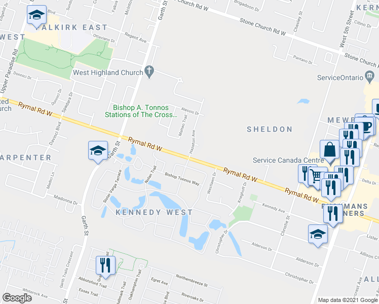 map of restaurants, bars, coffee shops, grocery stores, and more near 302 Rymal Road West in Hamilton