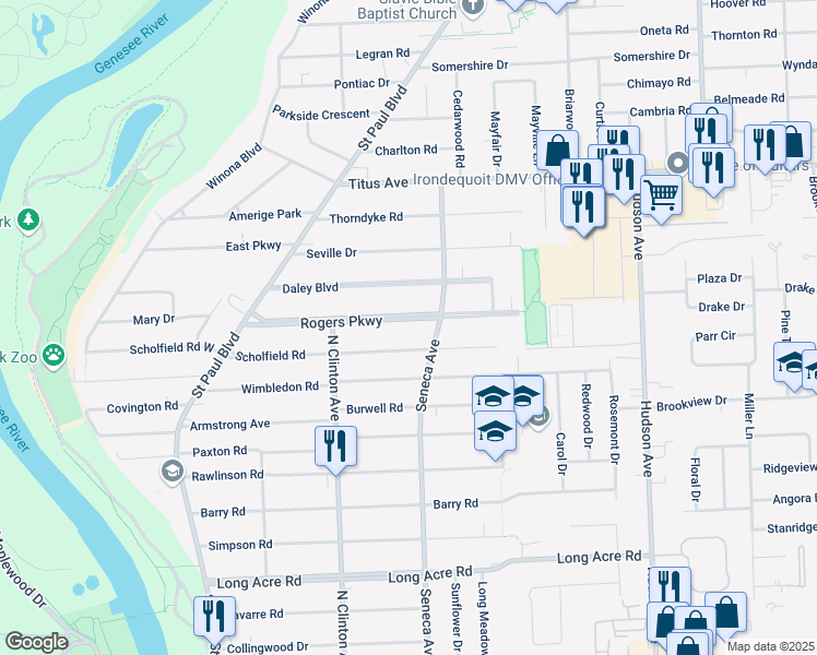 map of restaurants, bars, coffee shops, grocery stores, and more near 227 Rogers Parkway in Irondequoit