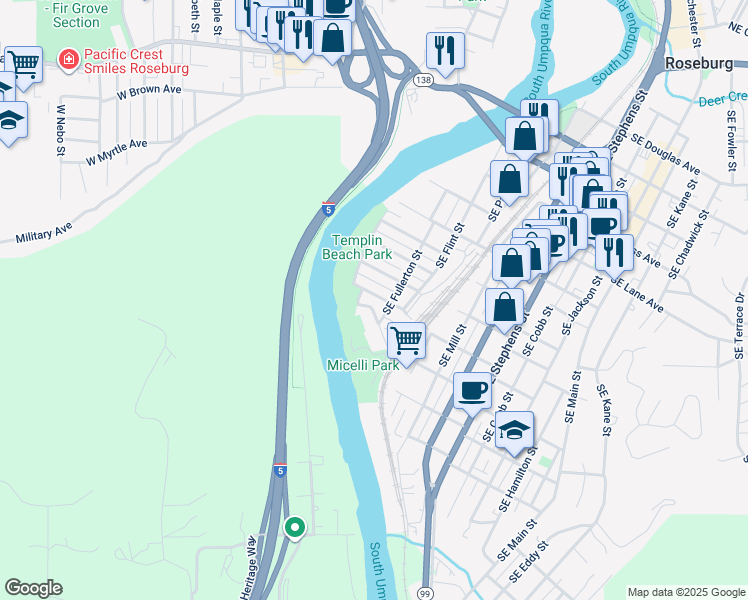 map of restaurants, bars, coffee shops, grocery stores, and more near 153 Southeast Templin Avenue in Roseburg