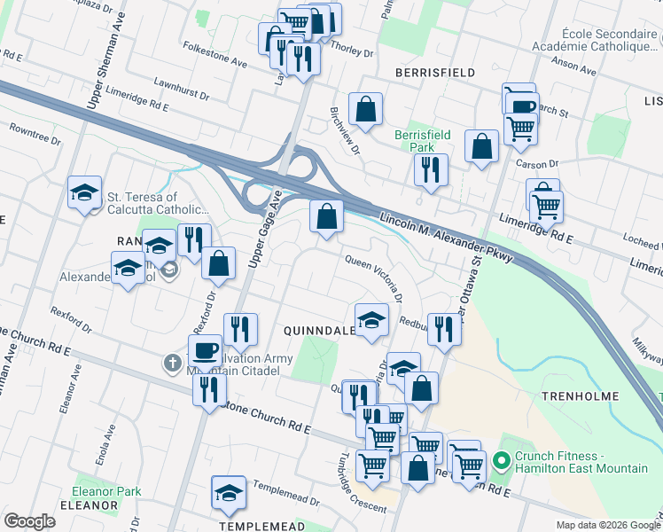 map of restaurants, bars, coffee shops, grocery stores, and more near 22 Quinlan Court in Hamilton