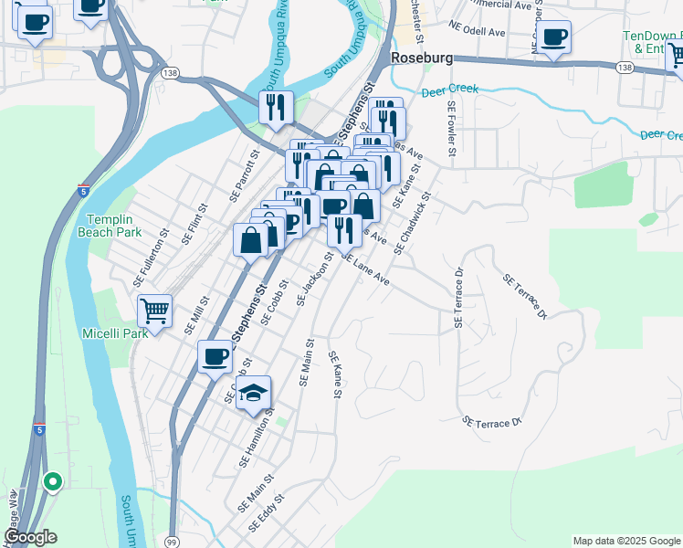 map of restaurants, bars, coffee shops, grocery stores, and more near 841 Southeast Main Street in Roseburg