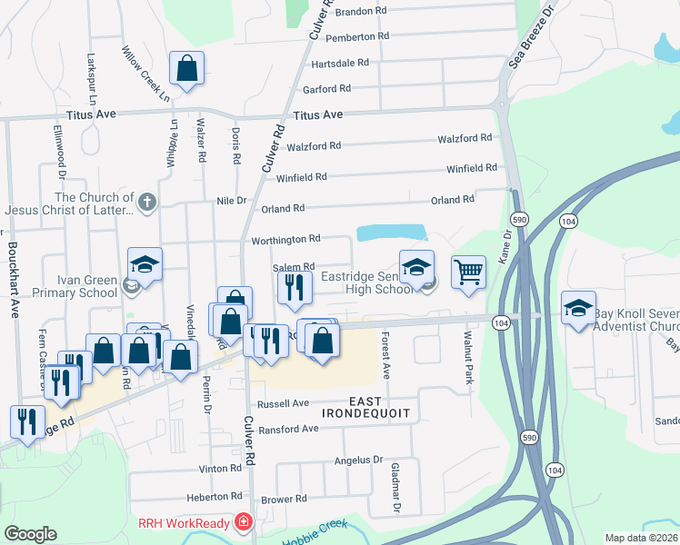 map of restaurants, bars, coffee shops, grocery stores, and more near 111 Salem Road in Irondequoit