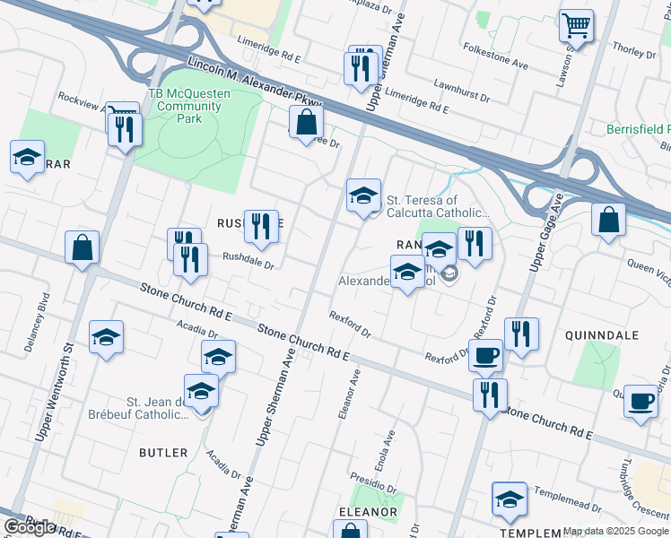 map of restaurants, bars, coffee shops, grocery stores, and more near 680 Rexford Drive in Hamilton