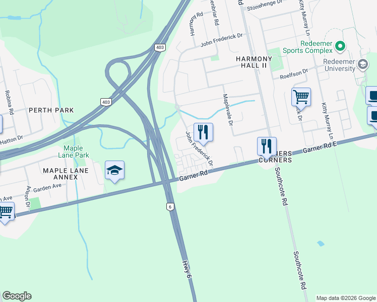 map of restaurants, bars, coffee shops, grocery stores, and more near 9 Dodman Crescent in Hamilton