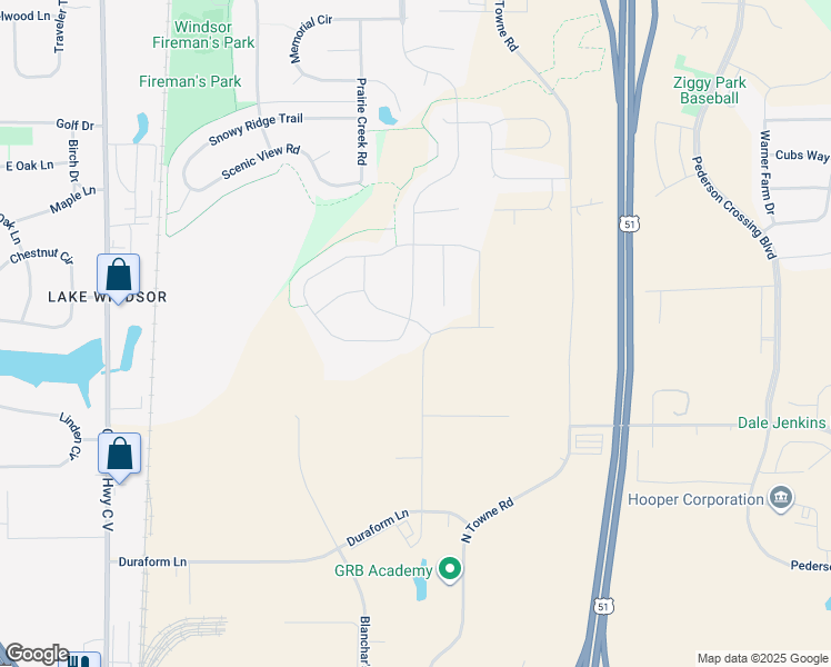 map of restaurants, bars, coffee shops, grocery stores, and more near 6549 Pleasant Prairie Drive in Windsor