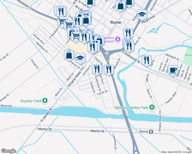 map of restaurants, bars, coffee shops, grocery stores, and more near 301 Depeyster Street in Rome