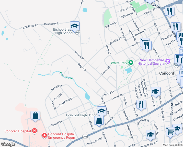 map of restaurants, bars, coffee shops, grocery stores, and more near 28 Ridge Rd in Concord