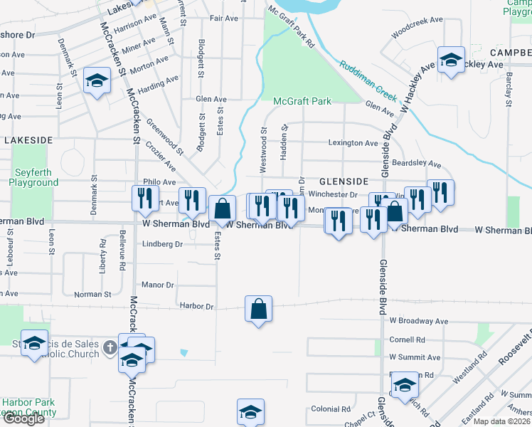 map of restaurants, bars, coffee shops, grocery stores, and more near 1704 West Sherman Boulevard in Muskegon