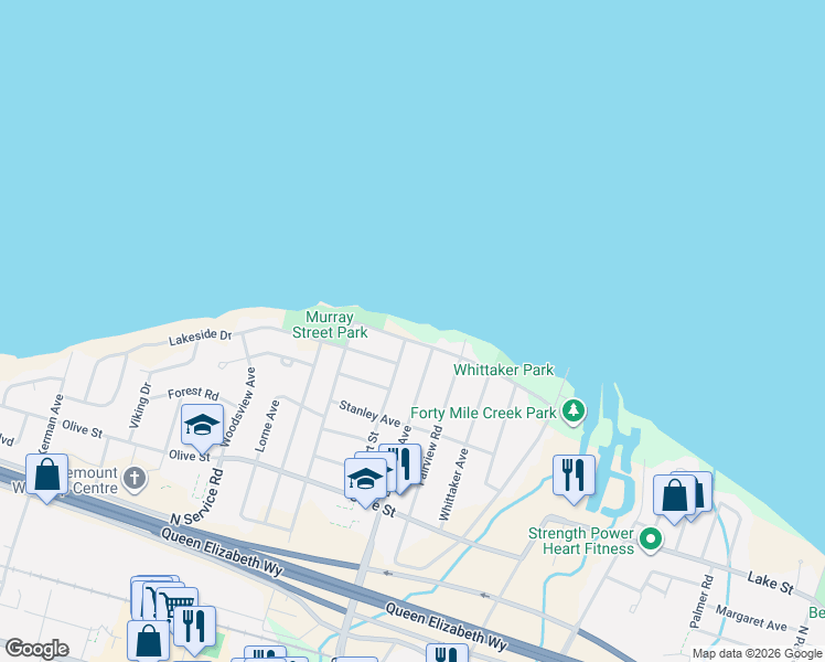 map of restaurants, bars, coffee shops, grocery stores, and more near 42 Lakeside Drive in Grimsby