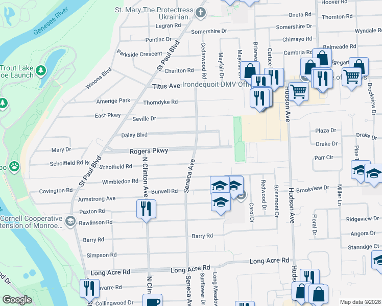 map of restaurants, bars, coffee shops, grocery stores, and more near 285 Rogers Parkway in Irondequoit