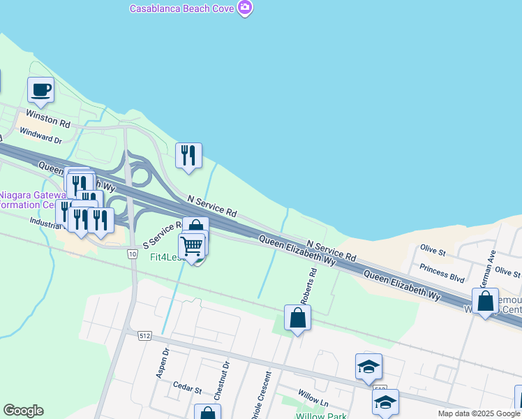 map of restaurants, bars, coffee shops, grocery stores, and more near 300 North Service Road in Grimsby