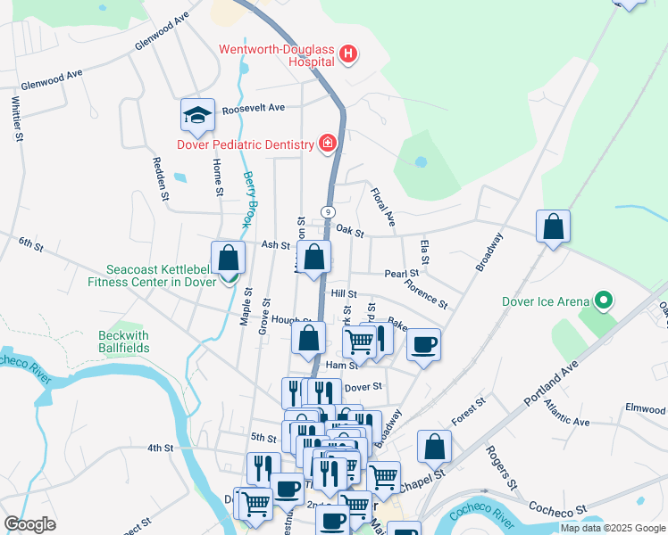 map of restaurants, bars, coffee shops, grocery stores, and more near 661 Central Avenue in Dover