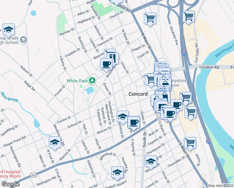 map of restaurants, bars, coffee shops, grocery stores, and more near 15 Hanover Street in Concord