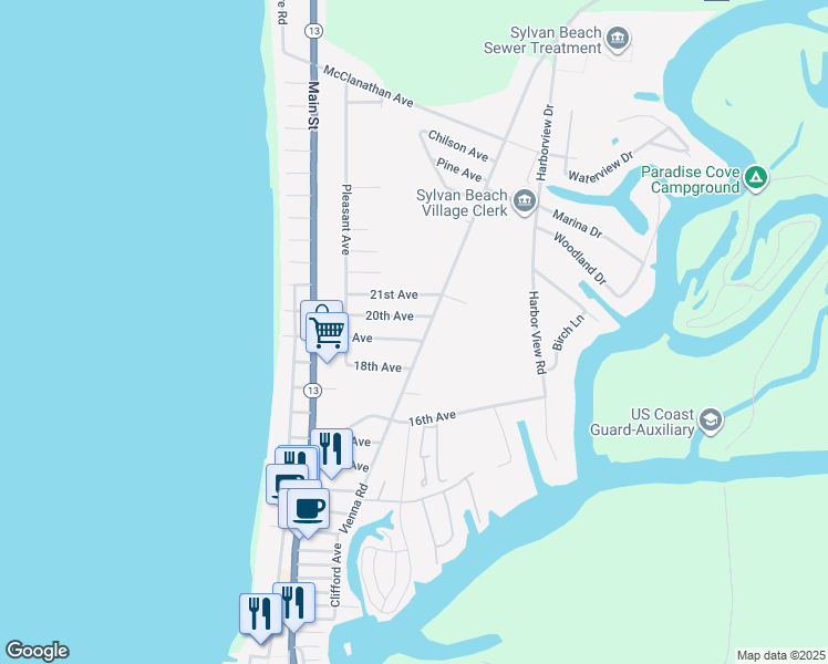 map of restaurants, bars, coffee shops, grocery stores, and more near 416 19th Avenue in Blossvale