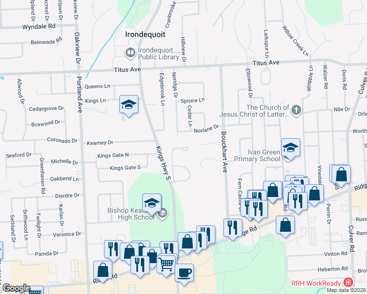 map of restaurants, bars, coffee shops, grocery stores, and more near 76 Parker Lane in Irondequoit