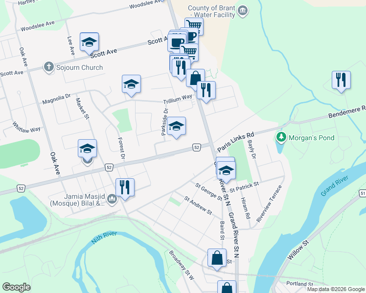 map of restaurants, bars, coffee shops, grocery stores, and more near 26 County Road 52 in Brant